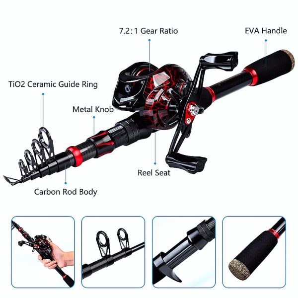 FISHINGHUB- 7.2:1 High Speed Baitcasting Reel 2.1M Carbon Fiber Telescopic Rod  Kit - Image 9